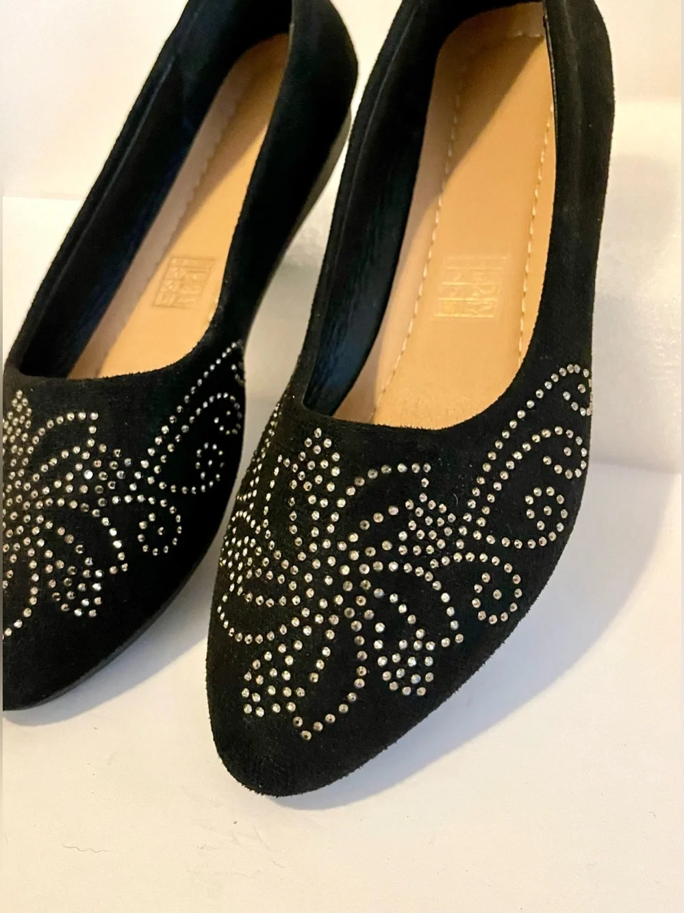 Black Rhinestone Studded Pointed-Toe Women's Flats